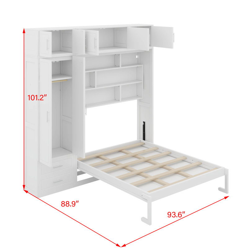 Grand lit escamotable mural avec armoire supérieure, tablettes et garde-robe, Blanc