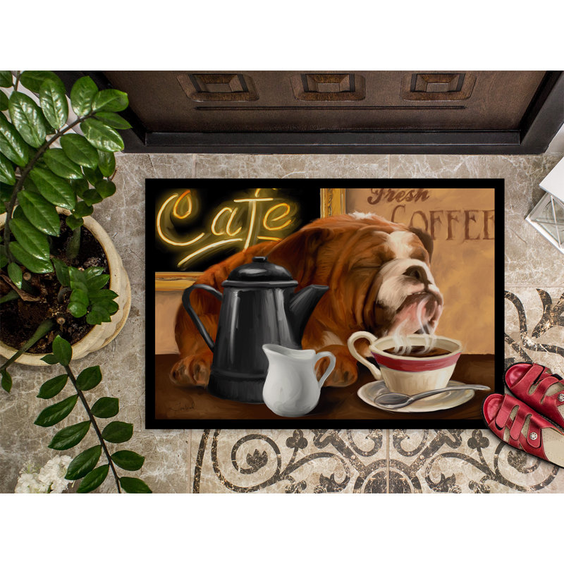 Tapis d'extérieur antidérapant Triana English Bulldog Morning Coffee, Rectangle 2 pi x 3 pi