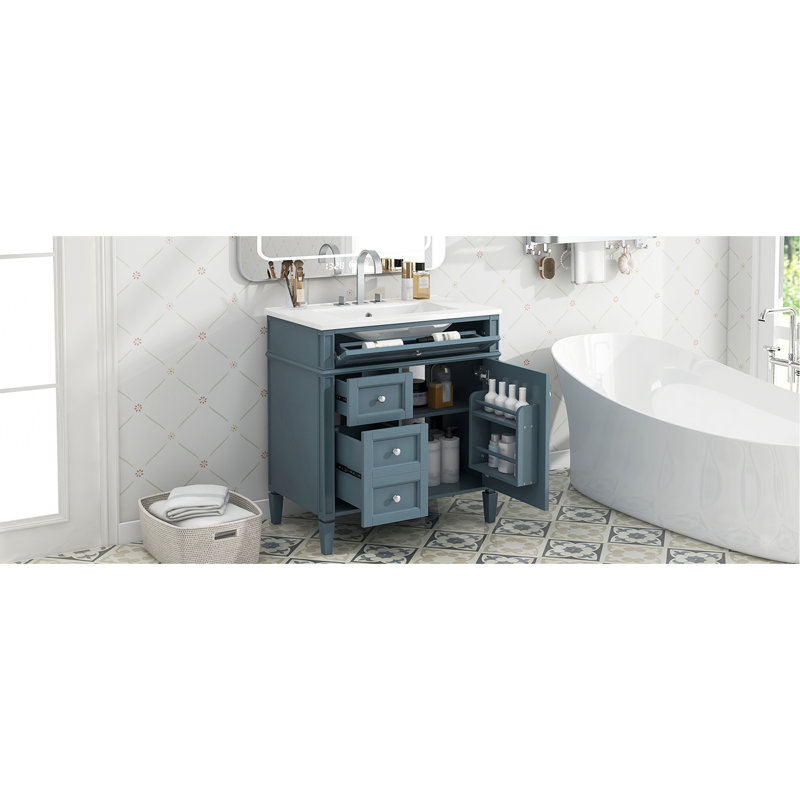 Meuble-lavabo moderne avec lavabo en céramique de 30 po, tiroir basculant et tablette réglable pour un rangement élégant