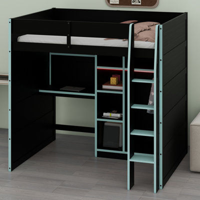 Wood Loft Bed With Desk,Open Wardrobe,Storage Compartments And RGB Lights