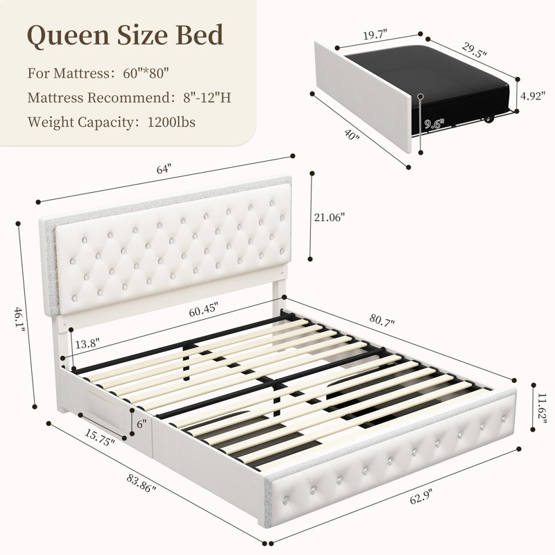 Kendrall Upholstered Platform LED Bed Frame with 2 Storage Drawers, Cream, Queen