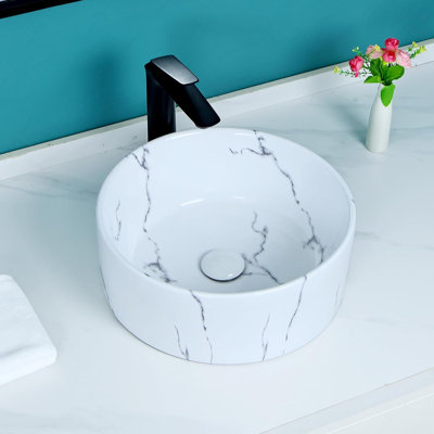 Davivy 15.9" Nordic Marbling Round Vessel Sink with Pop Up Drain Ceramic Bathroom Vessel