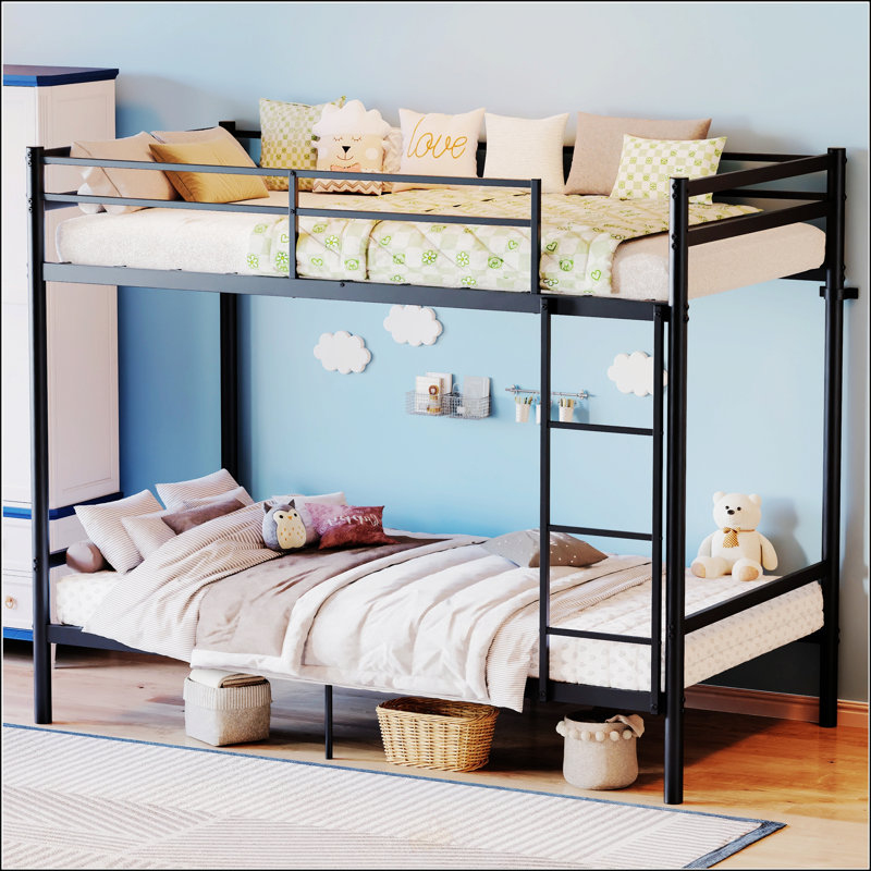 Lit superposé avec échelle et garde-corps haut, lit superposé en métal, espace de rangement, silencieux, lit simple au-dessus d'un lit simple, noir