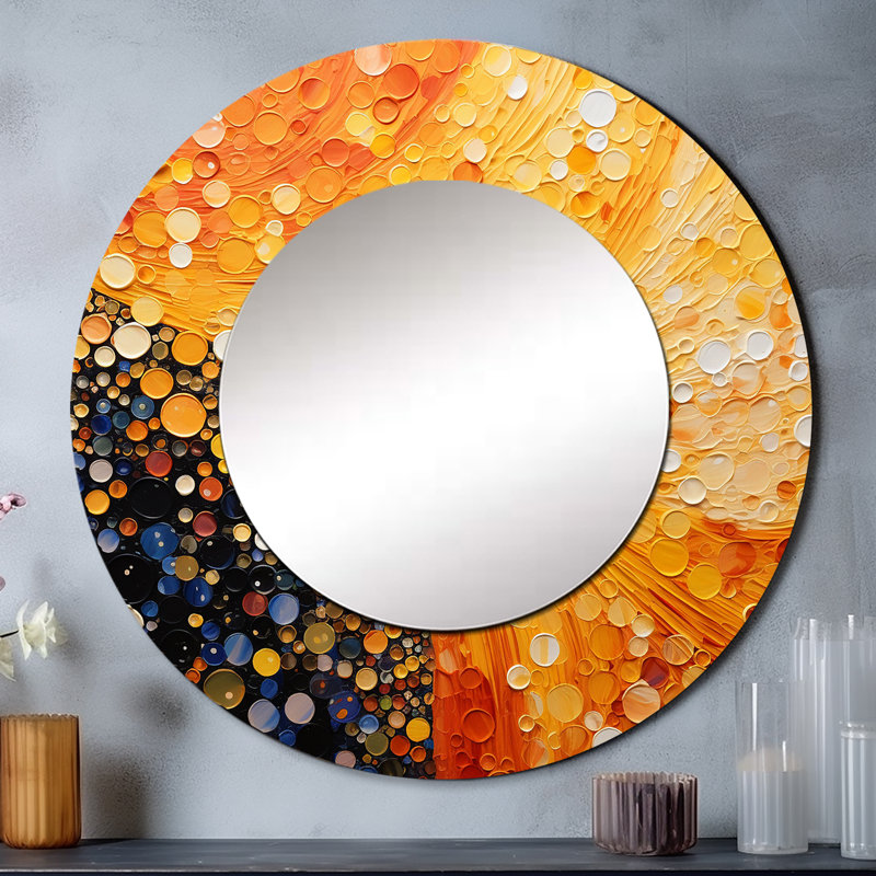 Fiery Fusion IV - miroir à collages abstraits, miroir mural rond unique moderne, impression d'art en métal, 23 po x 23 po