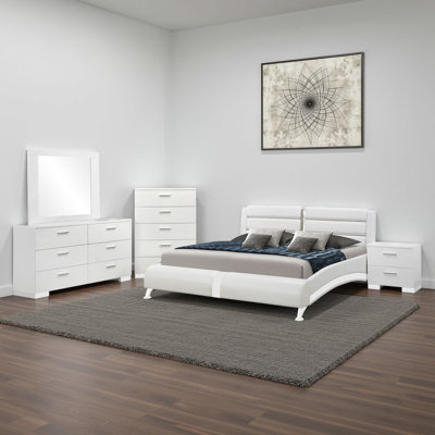 Ensemble de chambre avec grand lit 5 pièces Zor, similicuir blanc et détails chromés Zor
