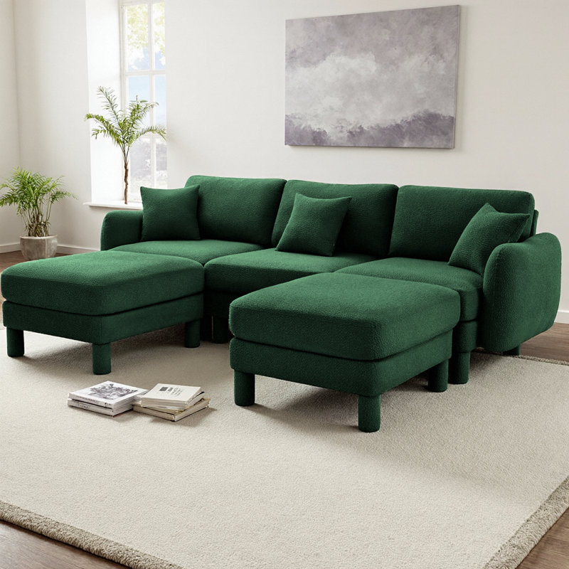 Canapé modulaire en U avec accoudoirs en coquille et 2 repose-pieds mobiles Boucle, Boucle verte