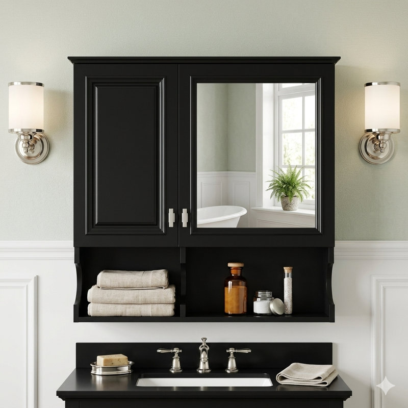 Armoire de rangement murale de salle de bain 30 po, armoire à pharmacie en bois massif avec charnières à fermeture en douceur, organisateur à double porte asymétrique avec tablette réglable à 3 positions et casier inférieur ouvert, armoire de salle de bain suspendue au-dessus de la toilette