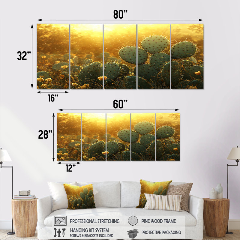 Cactus dans la lumière dorée I - décoration murale cactus floral - art mural traditionnel, H 28 po x l 60 po, 5