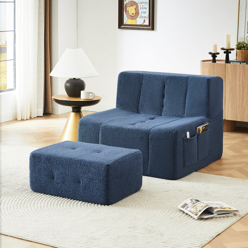 Ensemble de 2 fauteuils à billes et repose-pieds en sherpa -, Polyester bleu marine
