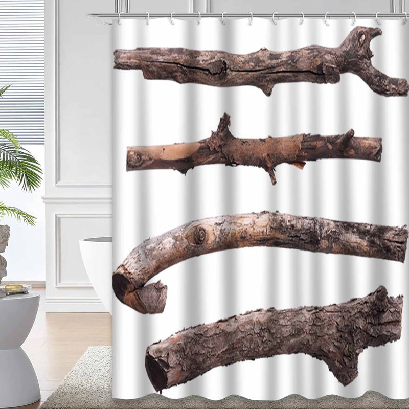 Rideau de douche en bois blanc avec tronc d'arbre et 12 crochets, L 72 po x l 78 po