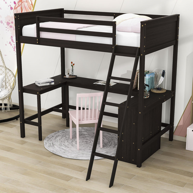 Wood Loft Bed With Desk And Shelves, Twin, Espresso