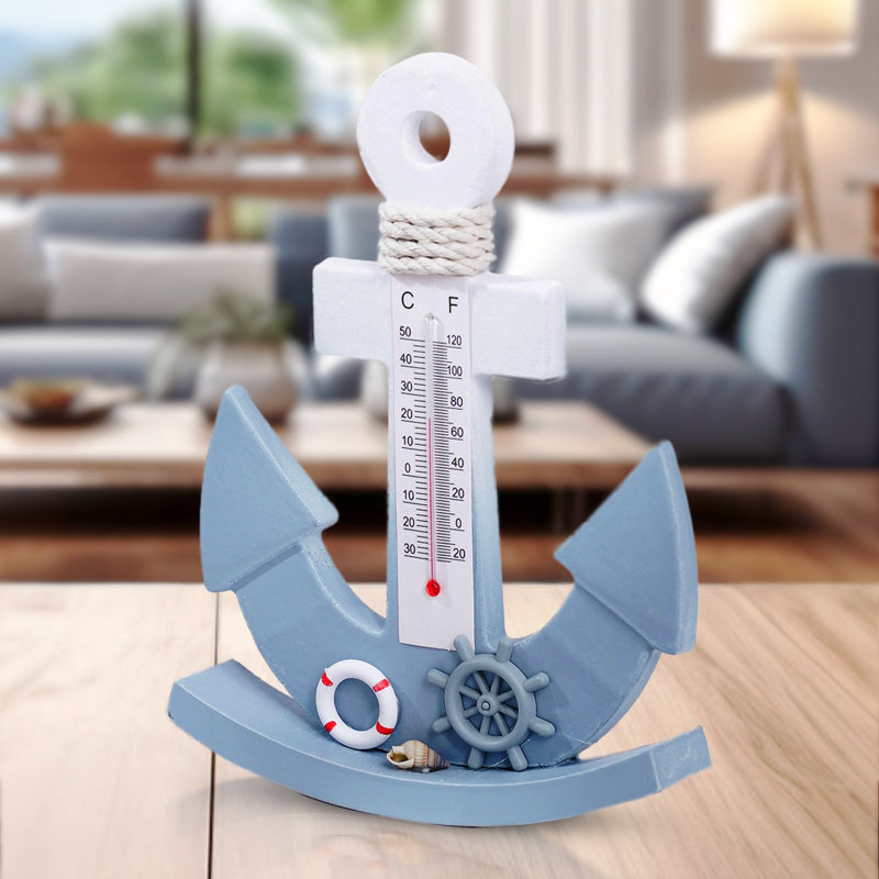 Sculpture de table ancre nautique bleue et blanche Folse avec thermomètre