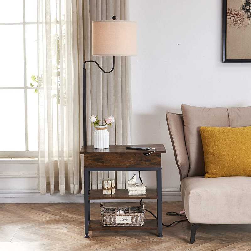 Rustic Brown Floor Lamp With Flip Top Side Table, USB Charging Ports, And 360° Rotatable Lampshade