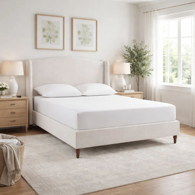 Heny King Size Bed With Wingback Tall Headboard, Ivory Fabric Upholstery
