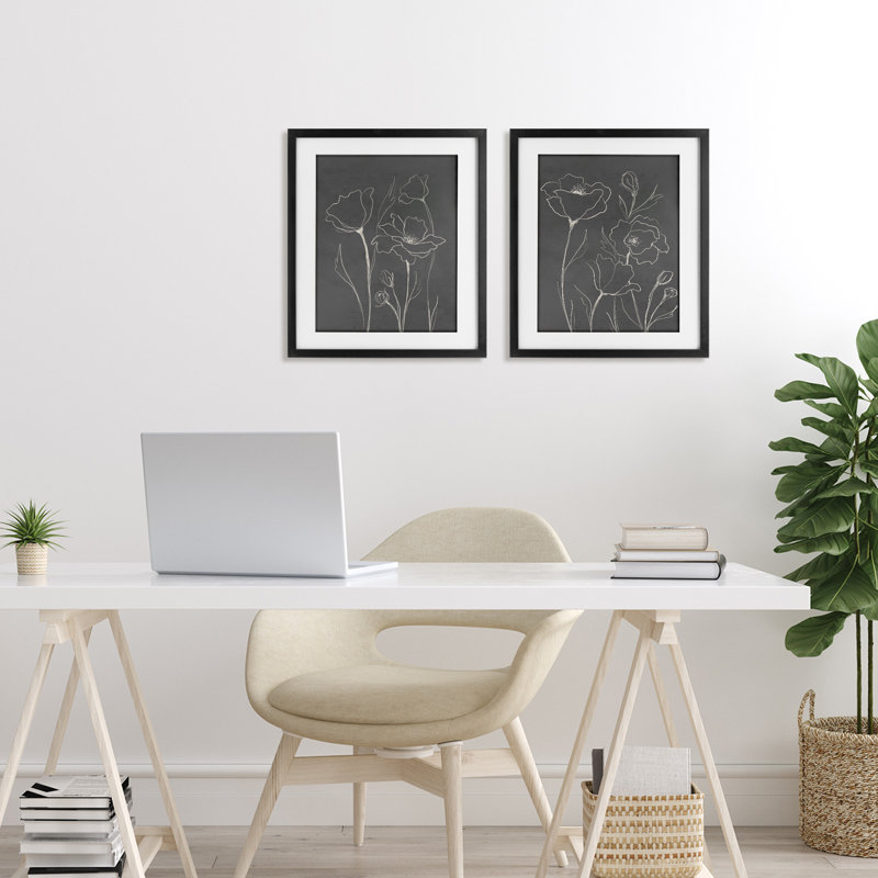 Ensemble de 2 sous-verres simples à motif de coquelicots gris, design par Elizabeth Medley, Cadre noir minuit
