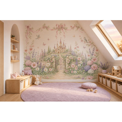 Décoration murale amovible de jardin féerique en forme de château aquarelle