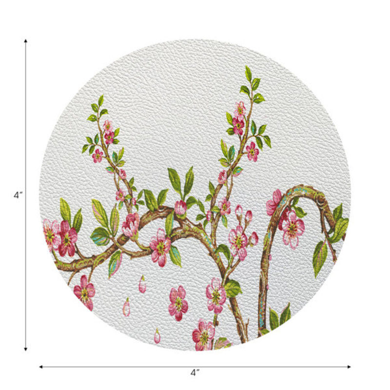 Cherry Blossom Red Vegan Leather Round Coasters, Pink
