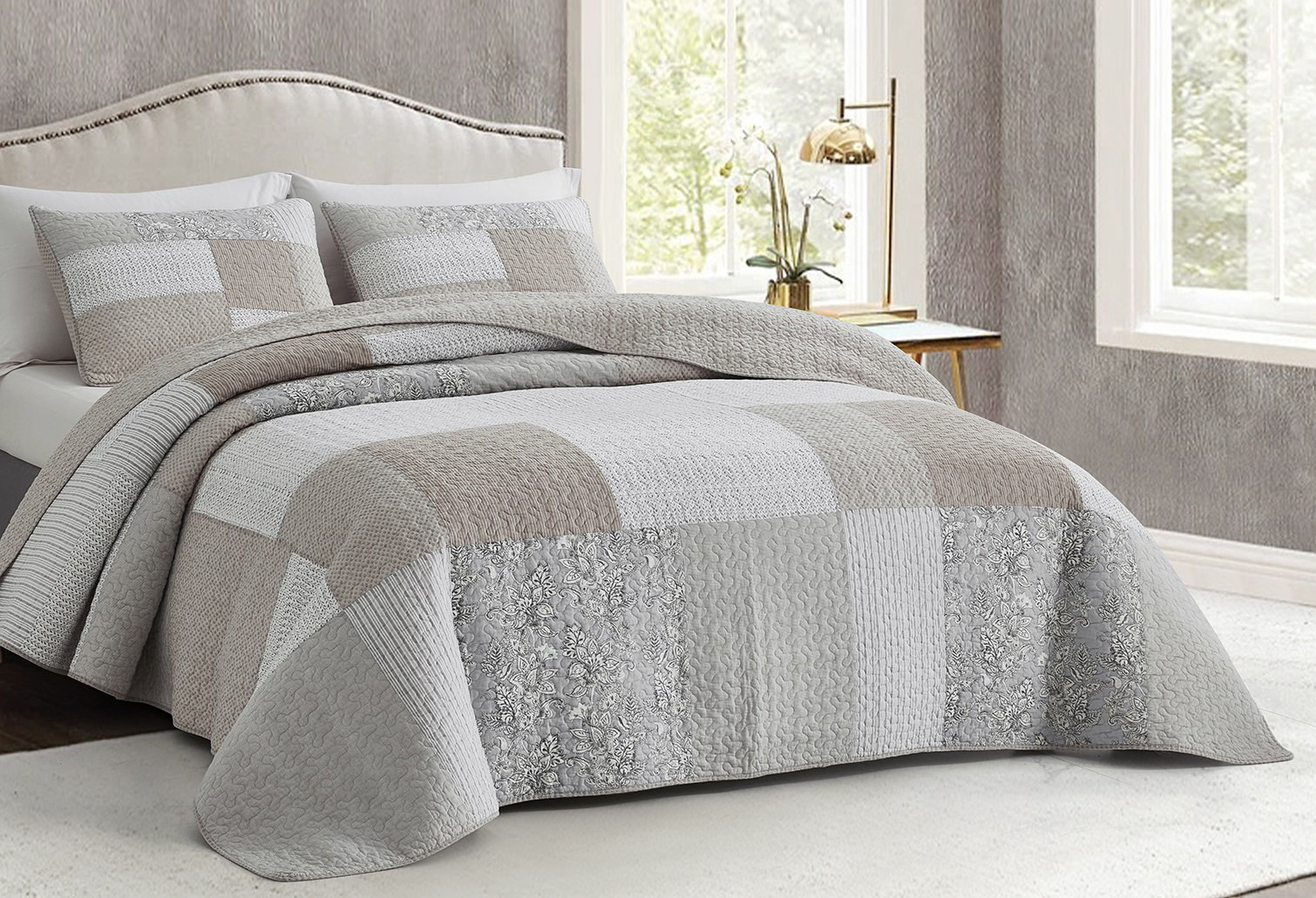 Quilt Queen,Queen Size Bed Quilt Set,Cotton Patchwork Plaid Bedspreads for  Queen Size Bed,Gray(Grey)/Black/Tan(Brown)/Off-White Reversible Lightweight