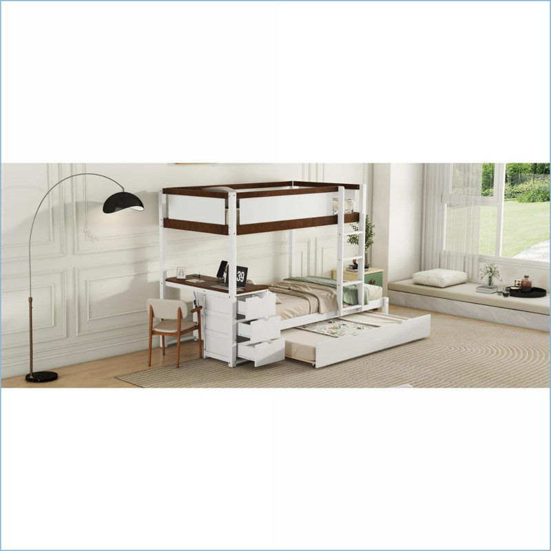 Twin-Over-Twin Pinewood Bunk Bed with Trundle, Storage Desk &amp; USB Outlets - White+Walnut for Small Spaces