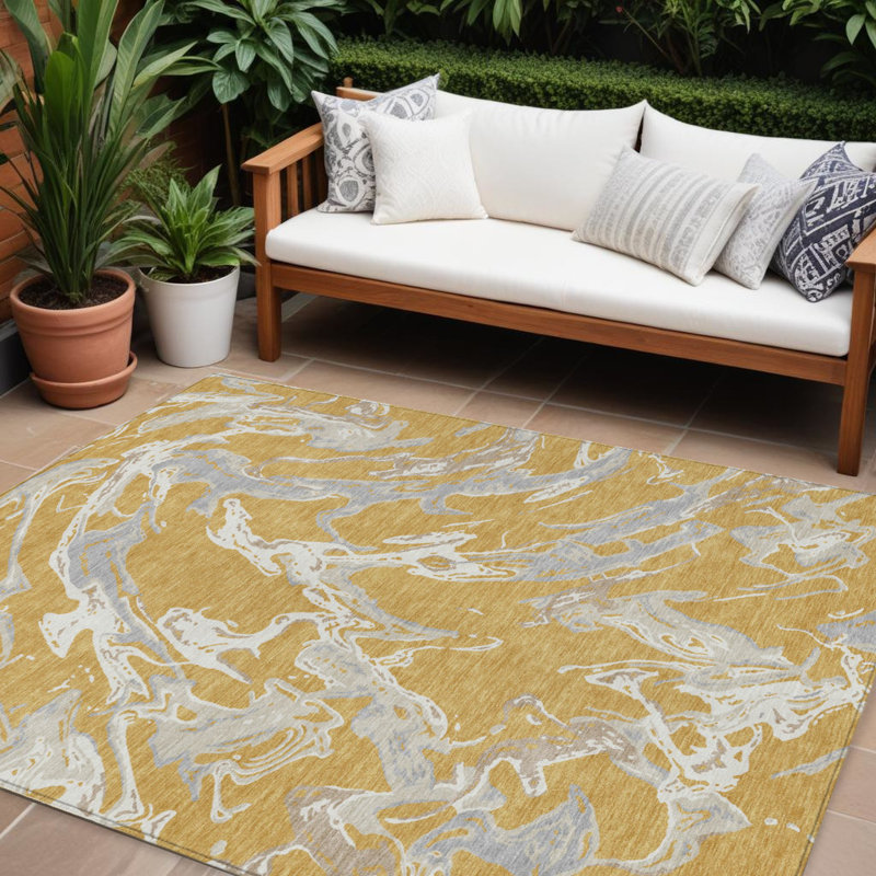 Tapis intérieur lavable abstrait gris doré et ivoire 8 pi x 10 pi