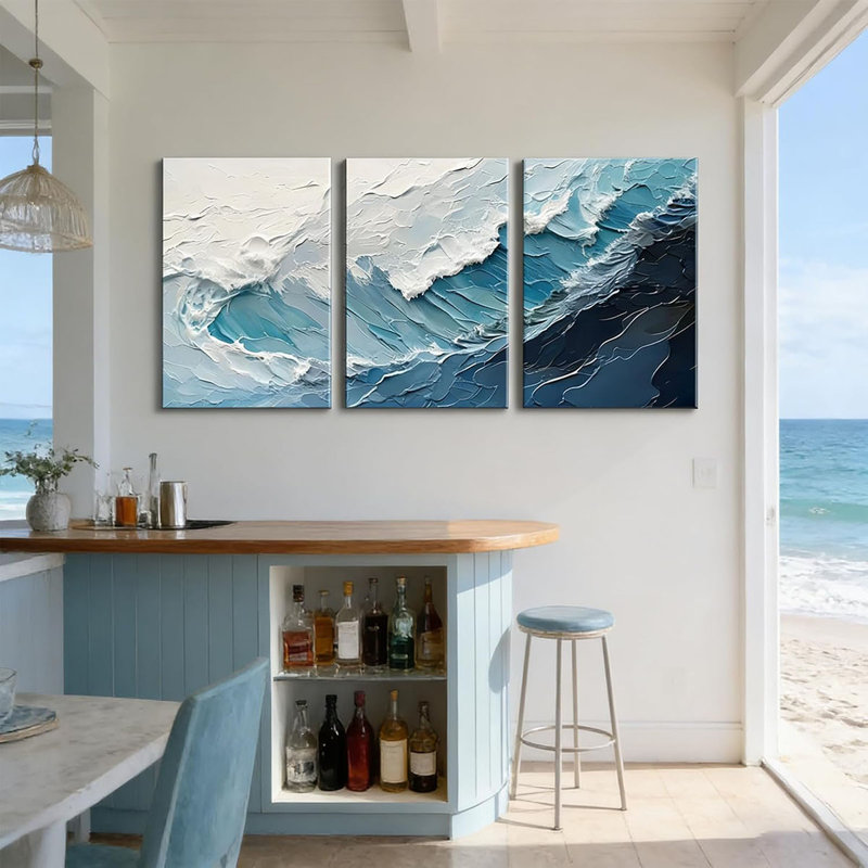 3Pcs Blue Abstract Wave Canvas Wall Art Modern Neutral 3D Textured Ocean Landscape Pictures Wall Decor Blue And White Coastal Posters Prints For Living Room Bedroom