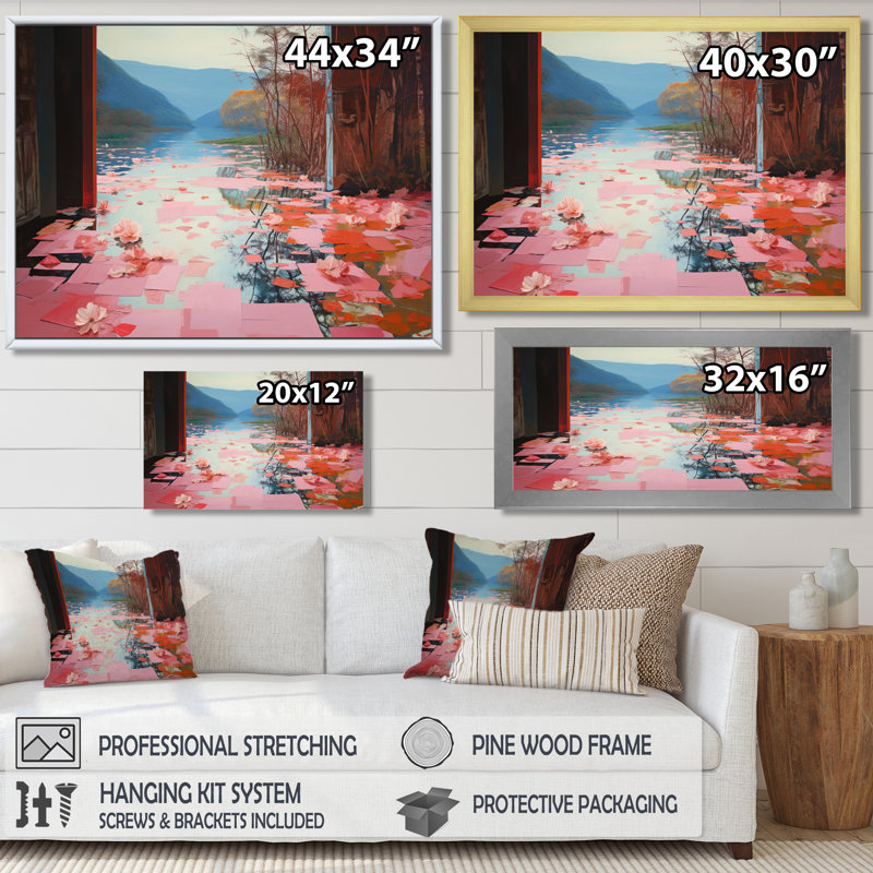 Portail serein de lotus rose - paysage abstrait, art mural, salon, H 34 po x l 44 po, Cadre flottant brun