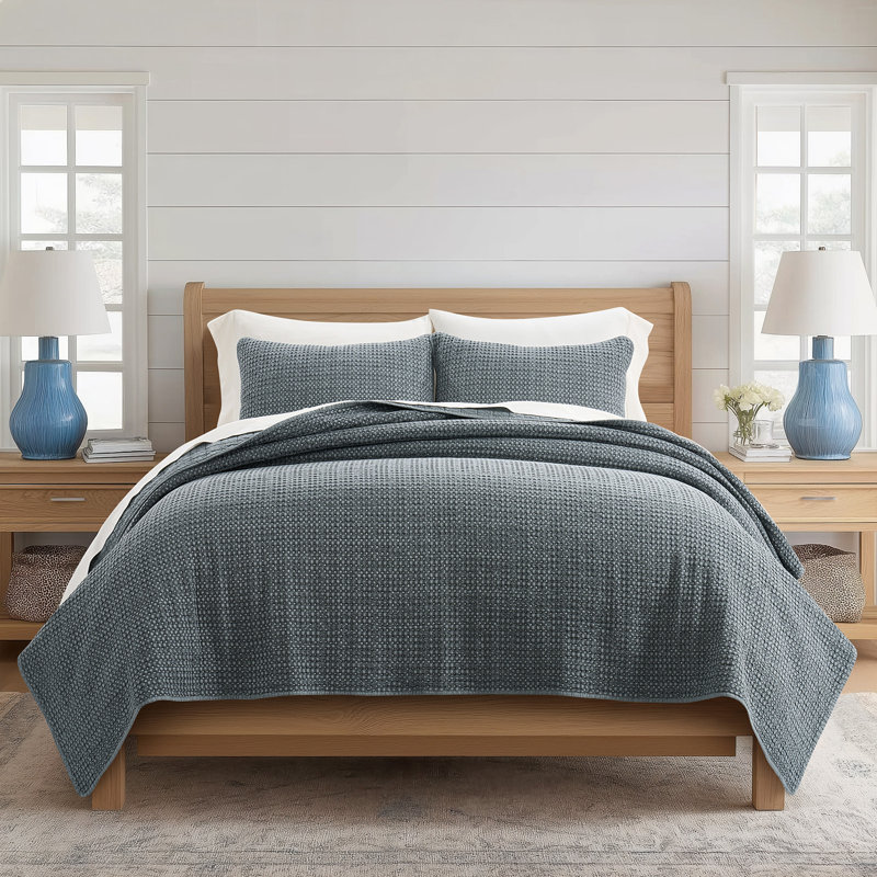 Ensemble de courtepointe 100% coton gaufré Stonewashed, Courtepointe très grand et 2 très grandes taies, Bleu minuit