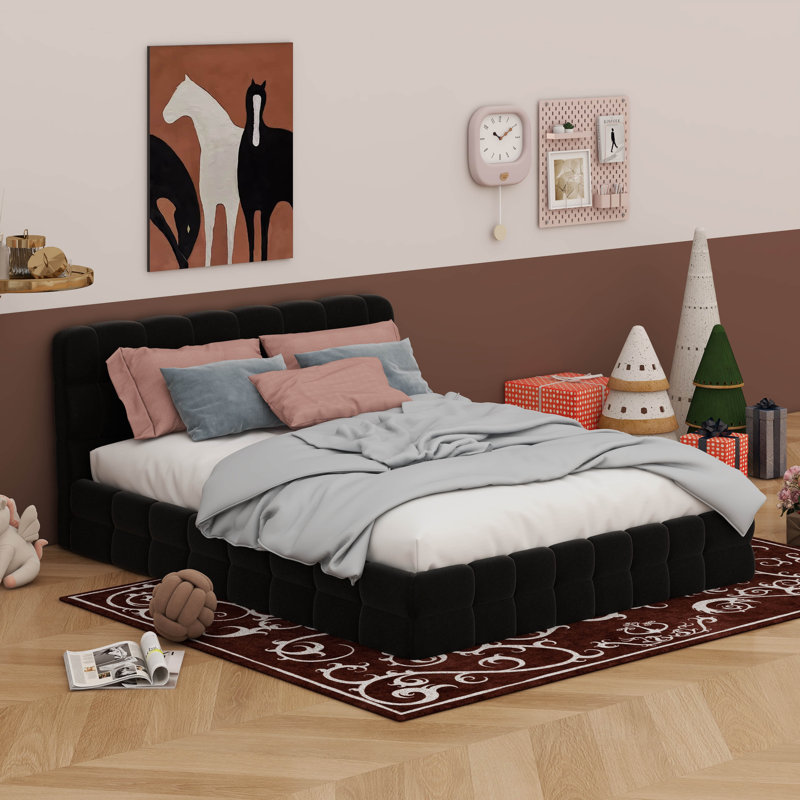 Grand lit plateforme tapissier, Noir, noir, noir, noir