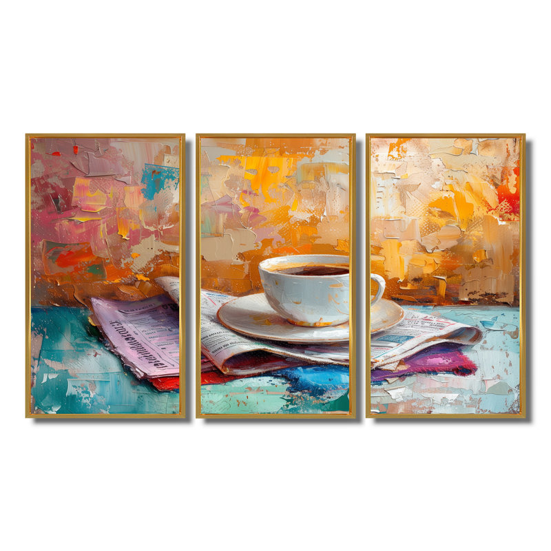 Morning Cozy Cup Of Coffee - Ensemble de décoration murale café, Toile avec cadre flottant or, H 40 po x l 60 po x P 1 po