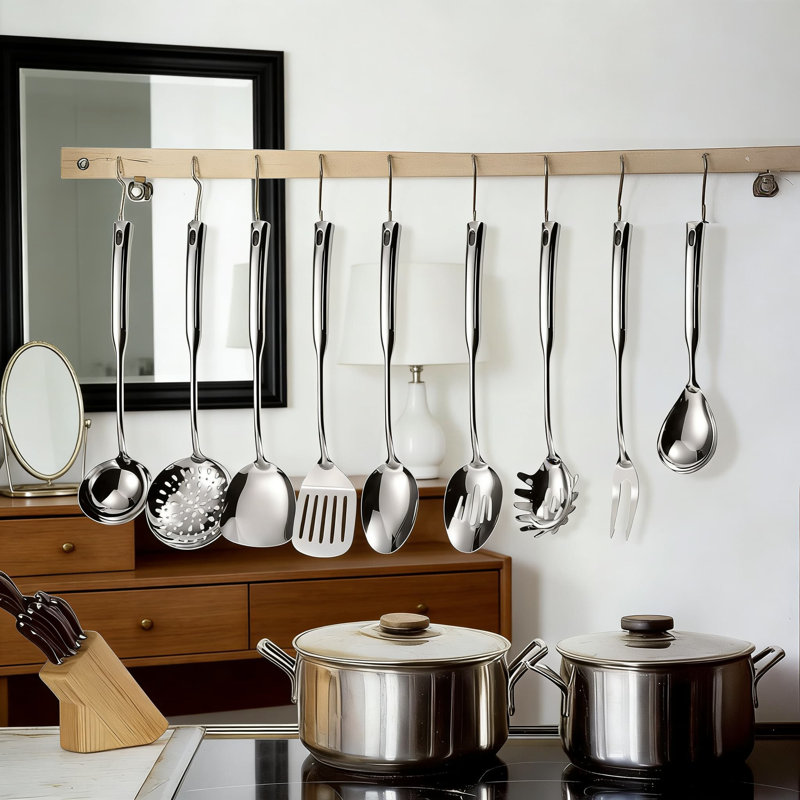 Ensemble d'ustensiles de cuisine 9 pièces en acier inoxydable avec poignées allongées et trous de suspension