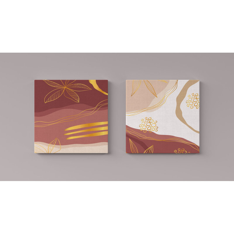 Stunning Decorative Canvas Painting Set (2 Pieces), Gold & Claret Red/Pink, 11.8 x 11.8 inches | 100% Canvas with 100% Wooden Frame | Perfect for Living Room & Bedroom Décor, Elegant Wall Art