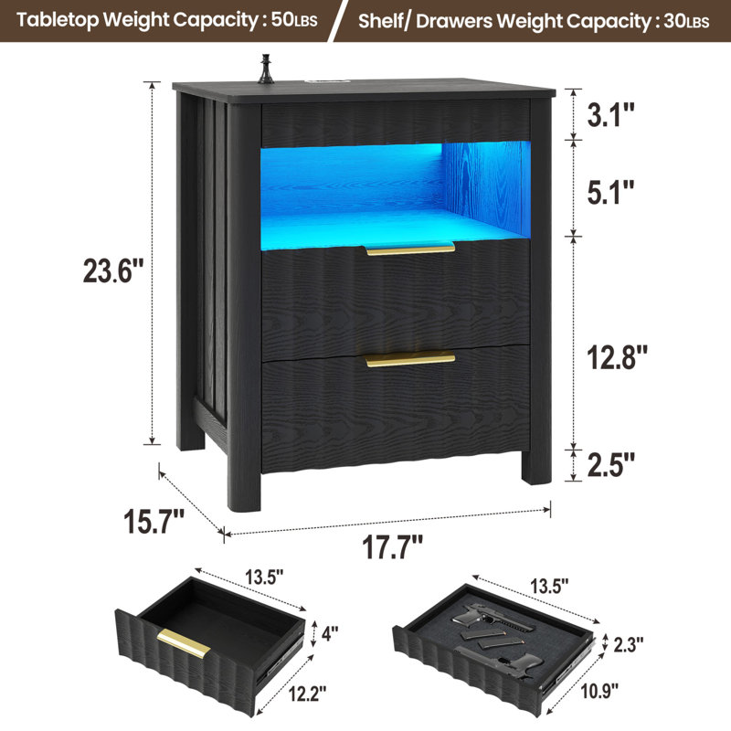 17.7'' W 2-Drawer Nightstand with LED Light and Charging Station, Black Willow