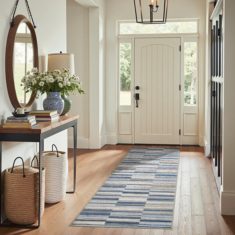 Modern Abstract Ultra-Thin Washable Area Rug, Runner 3' x 8', Blue
