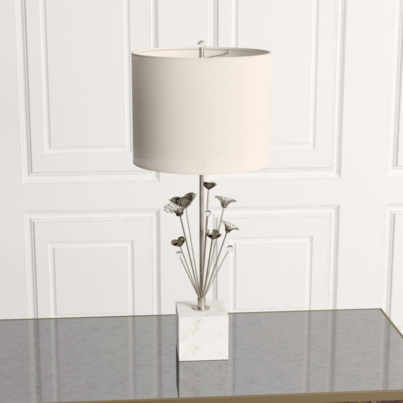 Table Lamp, Burnished Silver Leaf/White Marble, Cream