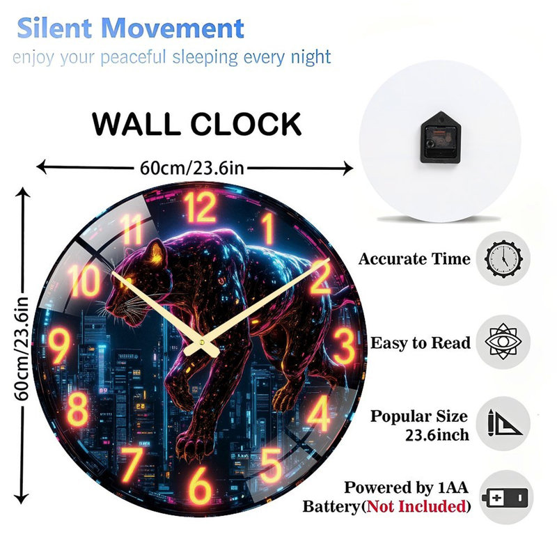 Neon Panther Wall Clock Art - 24‘’ Modern Glass Wall Clock