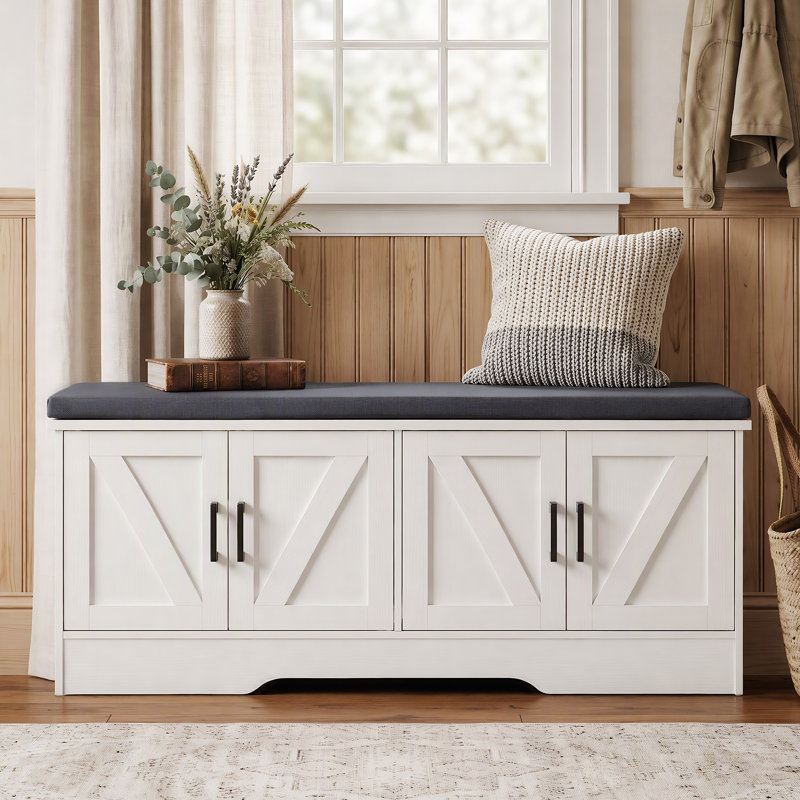 Banc de rangement 47,2 po avec rangement pour chaussures, banc d'entrée à 2 niveaux avec tablette réglable et coussin amovible