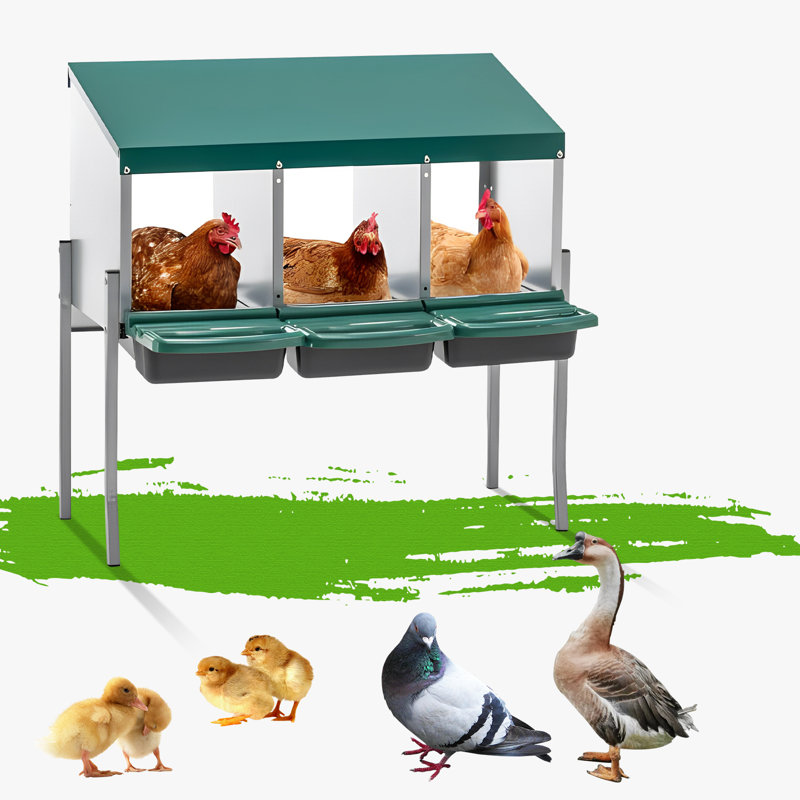 Boîte de nidification de poulet avec pieds en métal, boîtes de nidification à 3 trous pour la ponte des œufs, boîtes de nidification en métal robustes pour la volaille, colombe et pigeon pour ramasser les œufs, boîte de nidification roulante verte