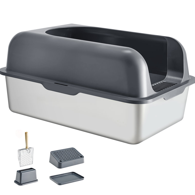Extra Large Dark Gray Stainless Steel Covered Cat Litter Box with Scoop