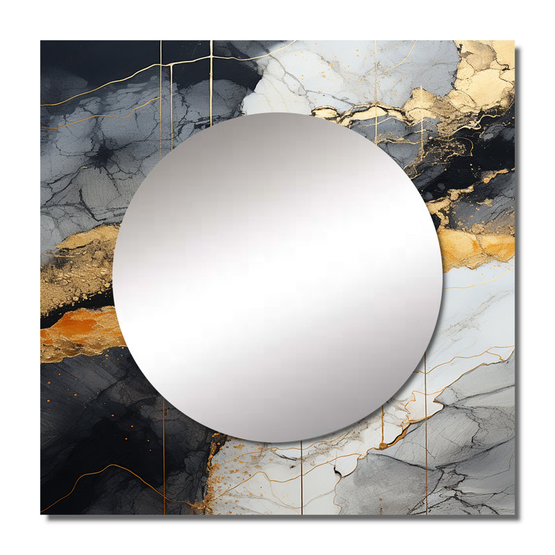 Wechsler - Minimalisme chrome or et orange poteries abstraites spirales carrées miroir mural pour chambre, 29 po x 29 po