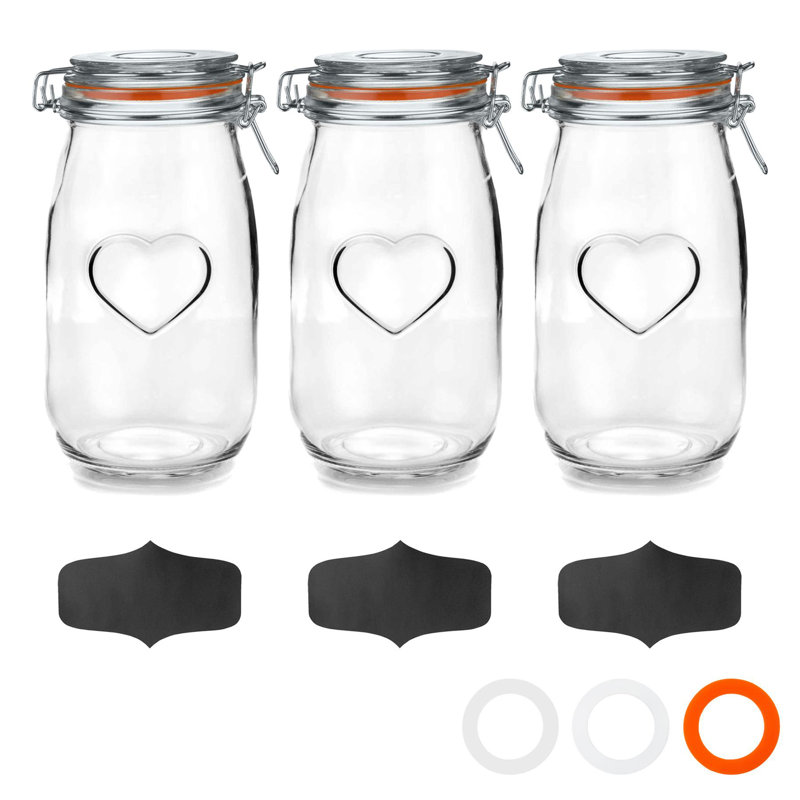 Nicola Spring - Heart Glass Storage Jars with Labels, 21.5cm H x 10.5cm W x 10.5cm D, Orange