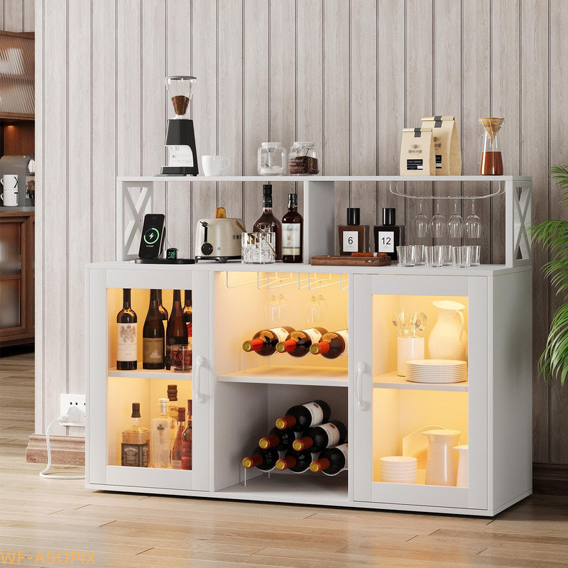 Armoire à café à DEL avec prises de courant - Buffet de rangement pour le salon et la salle à manger, Blanc