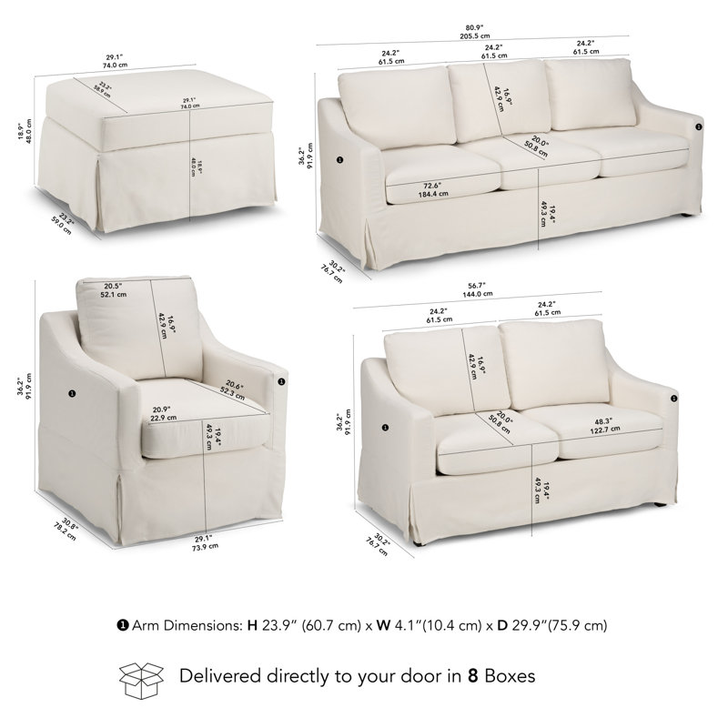 Canapé de 80 W, causeuse de 57 W, fauteuil d'appoint pivotant et repose-pieds de rangement avec housses, Ivoire ivoire