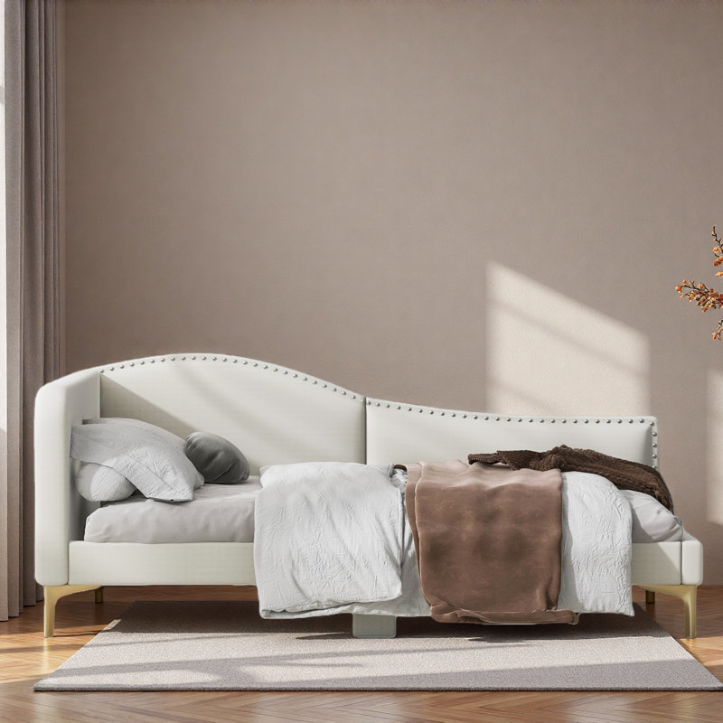Lit de jour rembourré avec tête de lit et accoudoirs, Beige, Lit simple