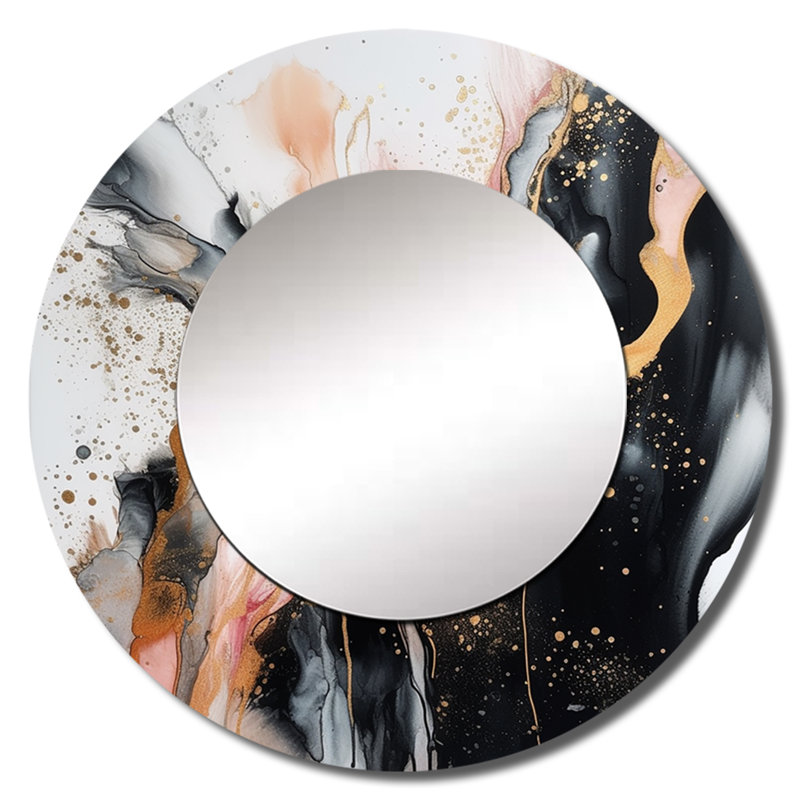 Rahmin noir et or fluide pierre - marbre unique miroir mural, miroir rond noir, impression d'art en métal, 29 po x 29 po