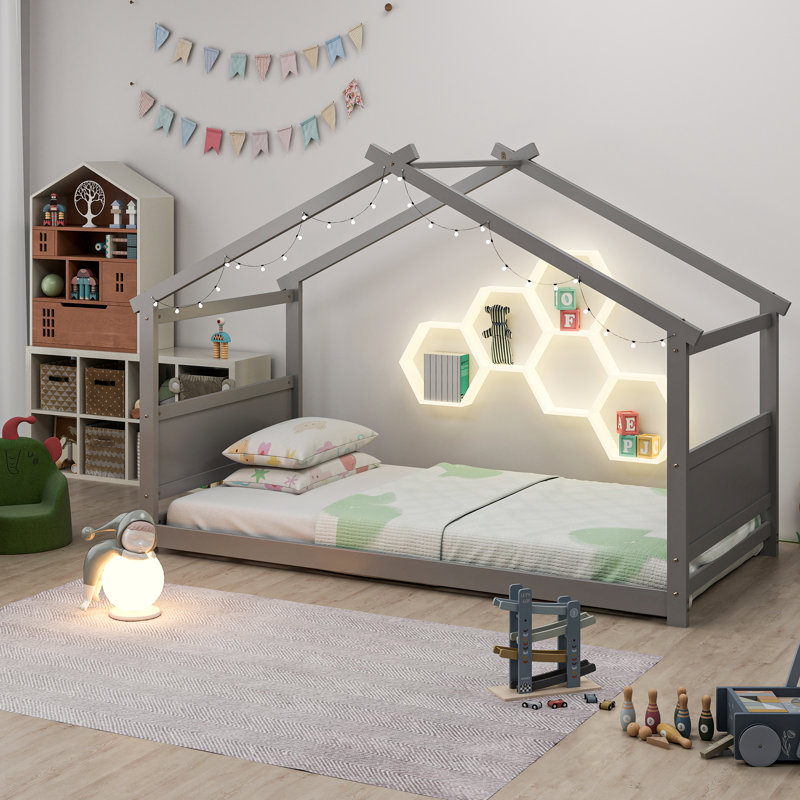 Lit simple à étage, cadre de lit simple en bois avec tête et pied de lit, gris