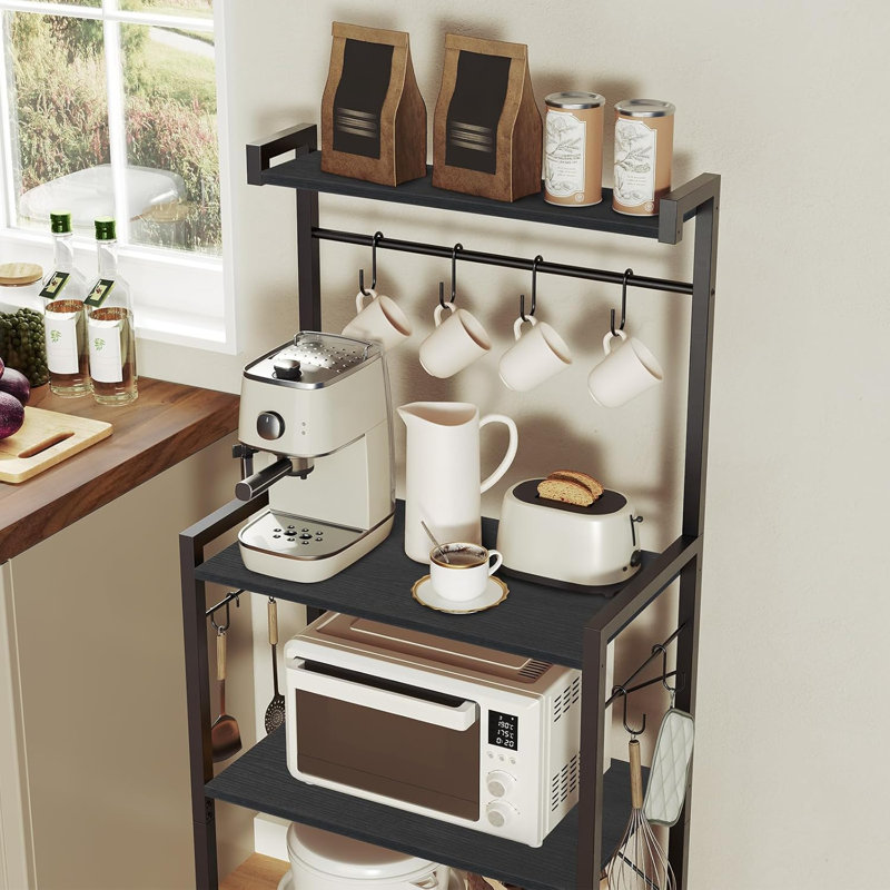4-Tier Bakers Rack With Storage, Multifunctional Kitchen Shelf For Microwave Stand, Coffee Bar Station, And Small Space Organization With 8 S-Hooks