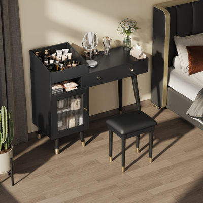 Leeandrew Vanity Desk with Drawers, Cabinet, Stool & Charging Ports by Ebern Designs