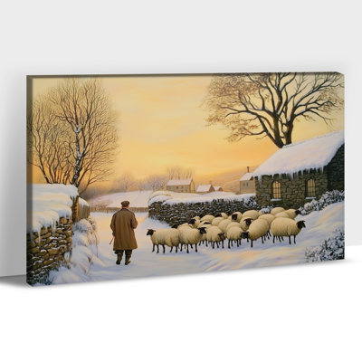 Grand paysage de village d'hiver, art mural sur toile, moutons enneigés, affiche de peinture de Noël rétro, impressions sur toile pour le salon, chambre à coucher, décoration murale saisonnière, 28 po x 40 po