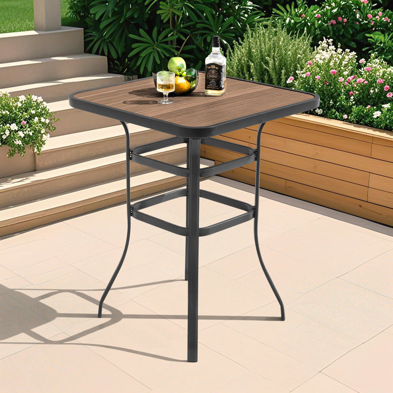 Table de bar d'extérieur à hauteur carrée avec plateau en faux bois, brun