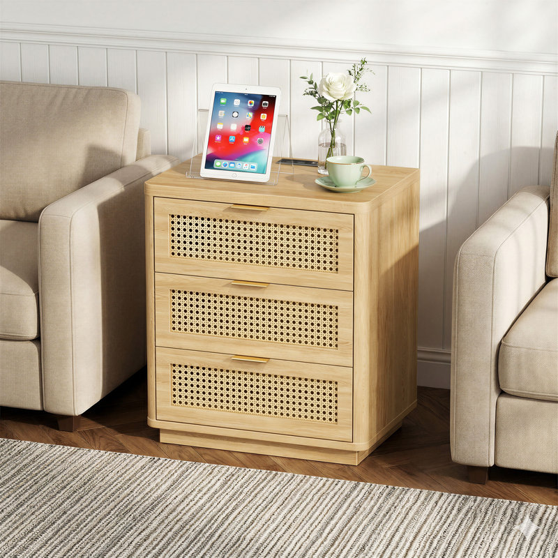 22.83'' W End Table with 3 Drawers and Charging Station, Natural/Wood
